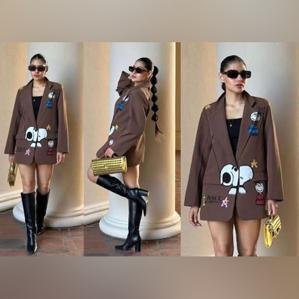Brown Blazer with Cartoon Graphics